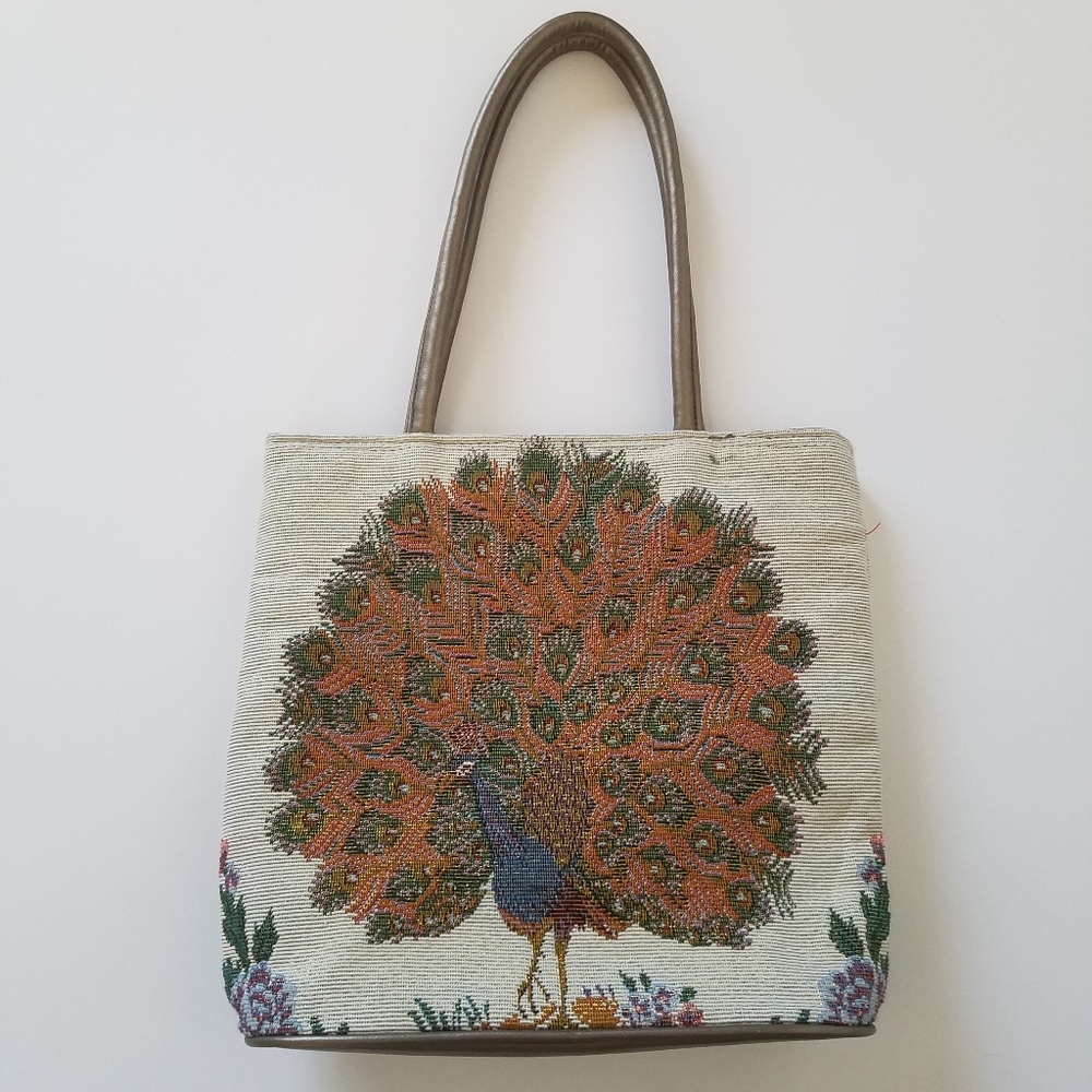 Vtg Tapestry Peacock Handbag Shoulder Bag Purse Boho - Picture 2 of 11